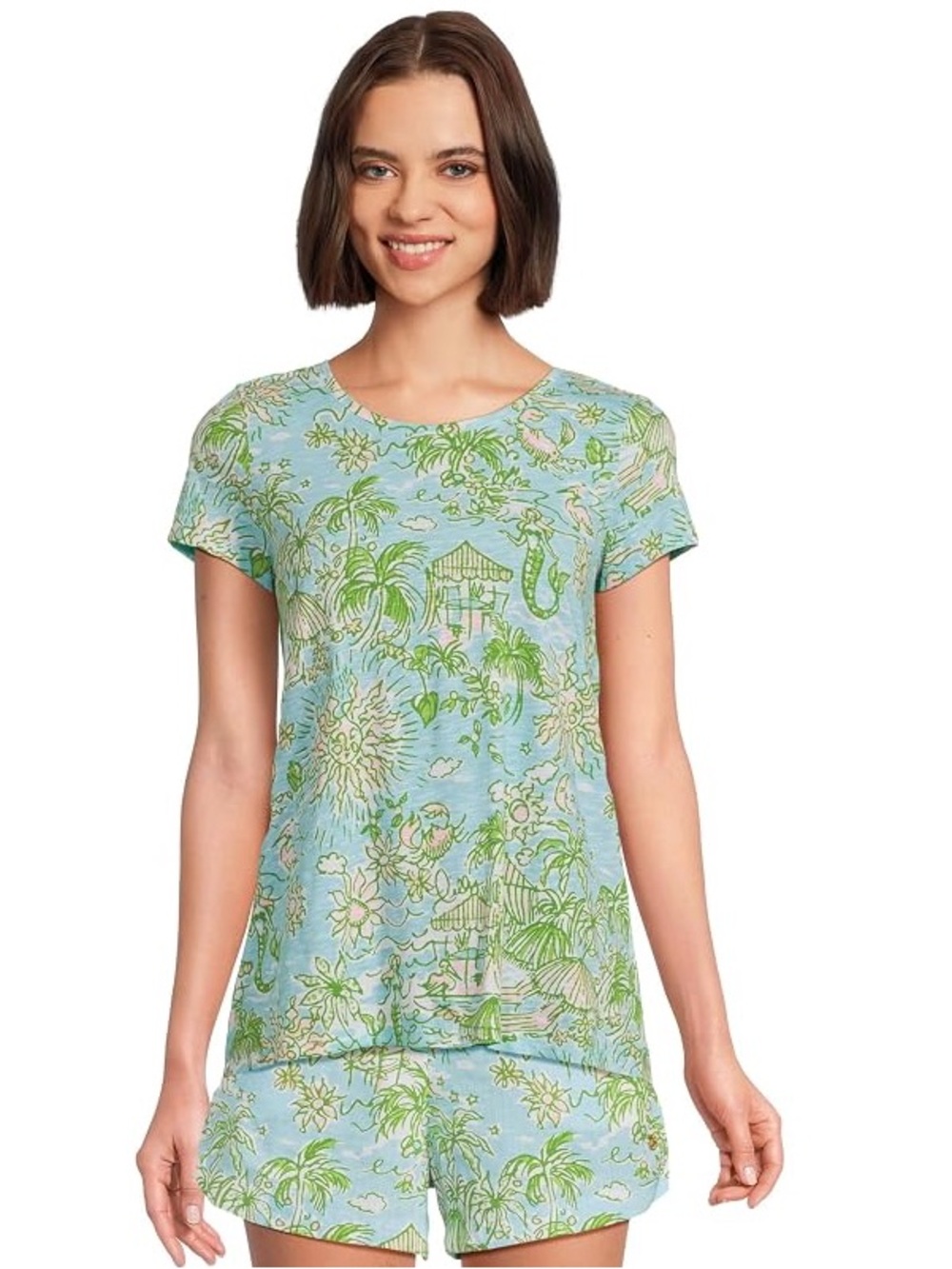 Lilly Pulitzer Fresh Water Blue Sunbathers Bliss Tropical Print Etta Tee Size L